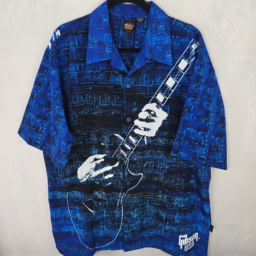 Gibson Tour Wear Dragonfly Mens XL Blue Guitar Sheet Music Button Down Shirt
